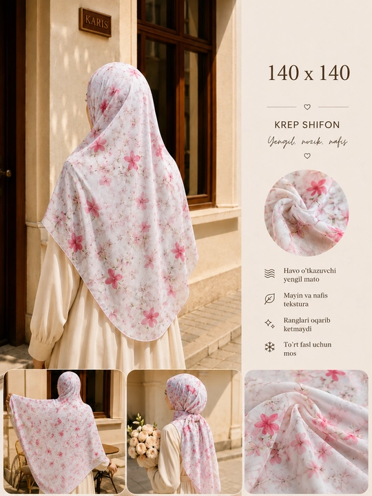 Ayollar ro‘mollari, krep-shifon, manzara ro'mol matosi harir, hijob, 120×120, 140×140 sm, Misr