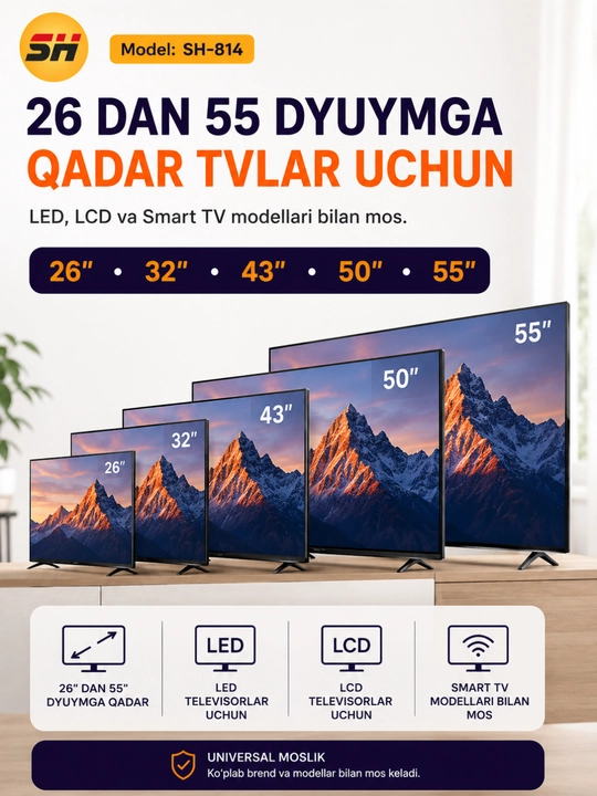 Televizor uchun qiya buriluvchi kronshteyn, 180 daraja 32-55