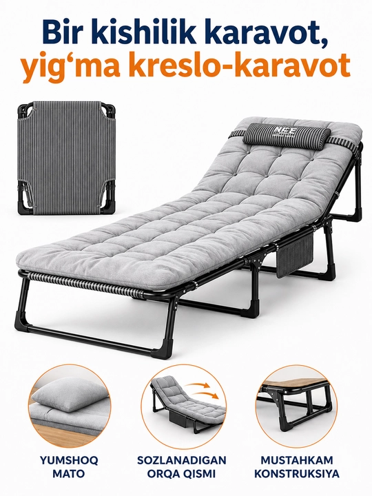 Bir kishilik karavot, yig‘ma kreslo-karavot, 186×67 sm, yumshoq shezlong