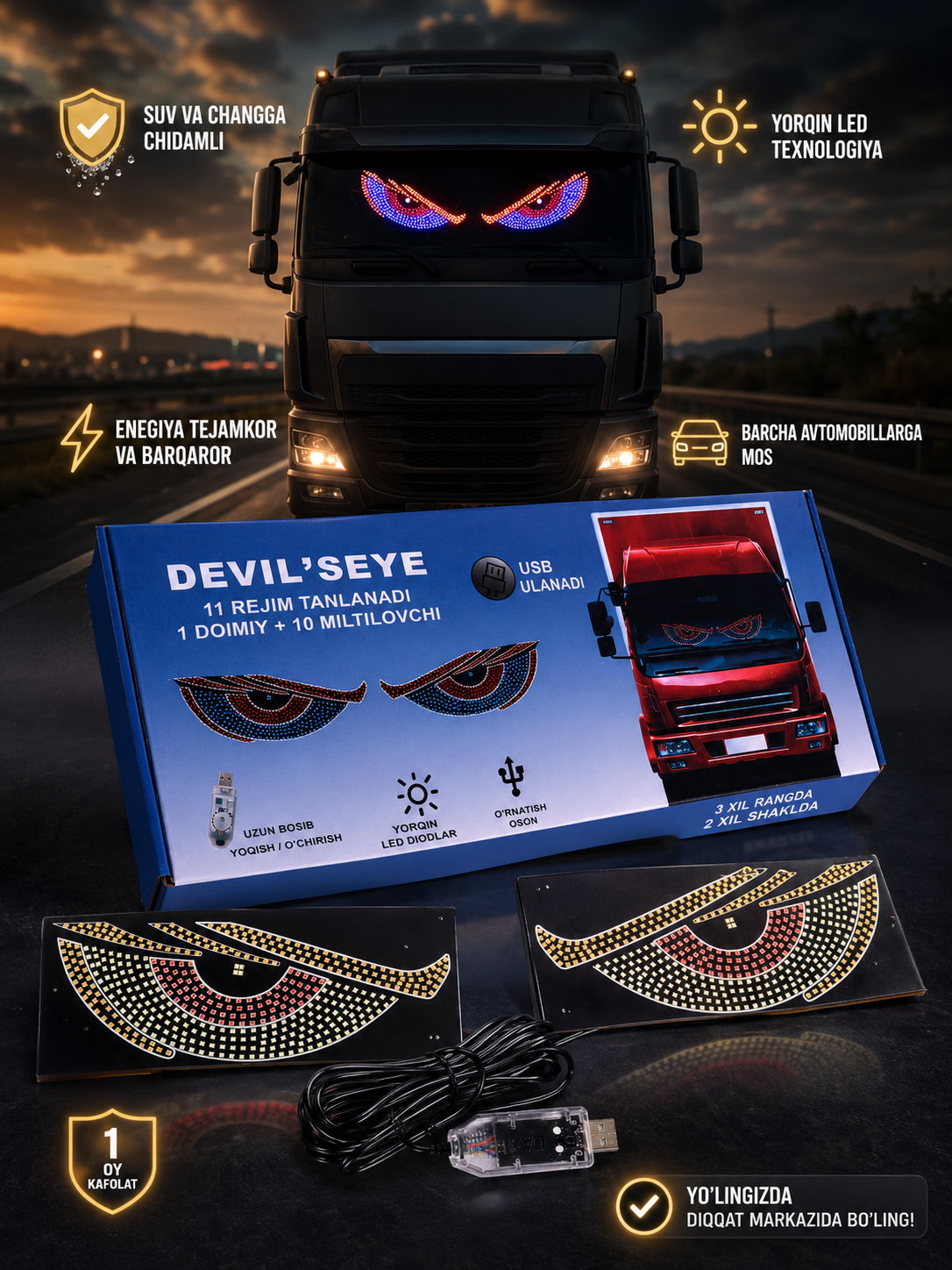 LED Demon Eyes – Universal Avto Dekor Chirog'i, 11 Rejim
