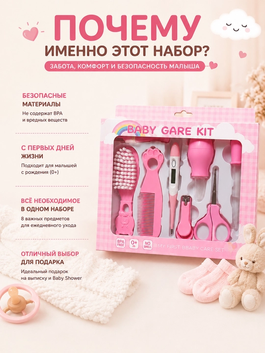Набор для ухода за новорожденным Baby Care Kit, с электронным термометром, 8 предметов