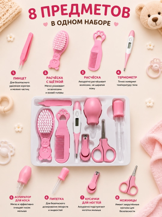 Набор для ухода за новорожденным Baby Care Kit, с электронным термометром, 8 предметов