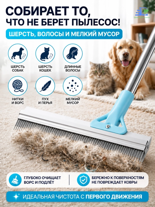 Швабра-скребок для удаления шерсти животных и волос с ковров с телескопической ручкой
