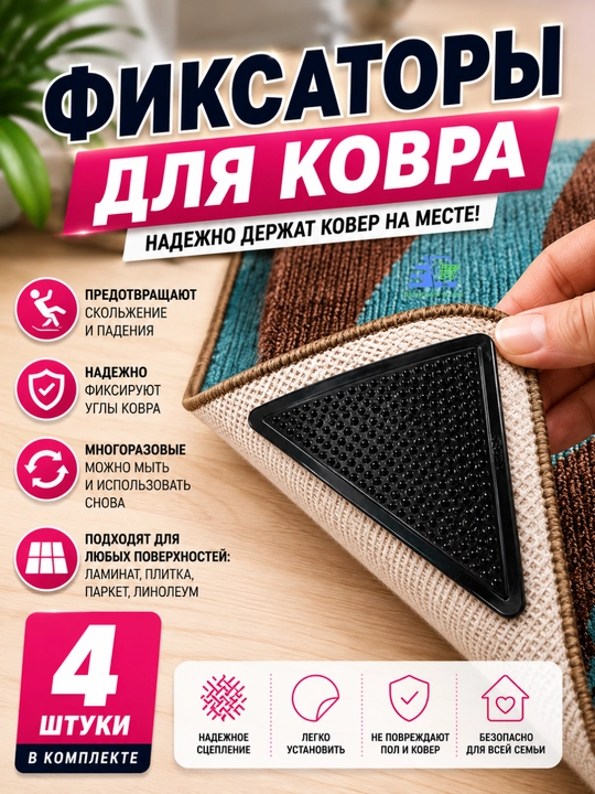 Фиксаторы для ковра противоскользящие, угловые накладки, 4 штуки, многоразовые