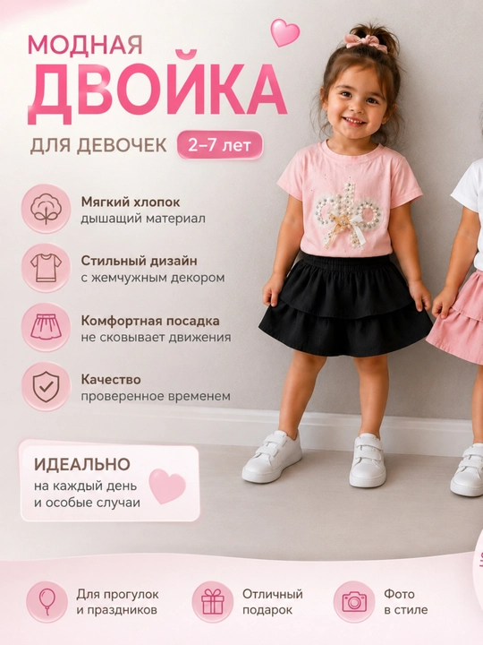 Комплект для девочки: футболка и юбка, 2 предмета, размеры 2-8 лет