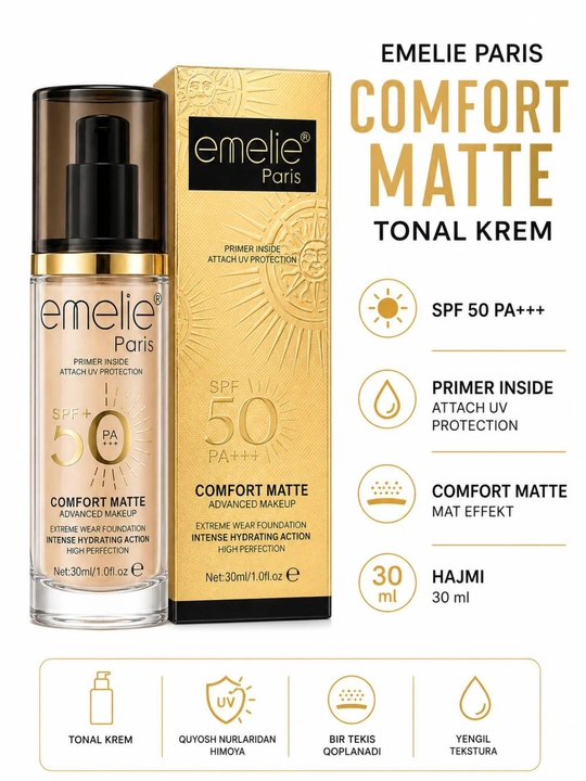 Тональный крем для лица Emelie SPF, стойкий, матовый эффект и ровное покрытие - 