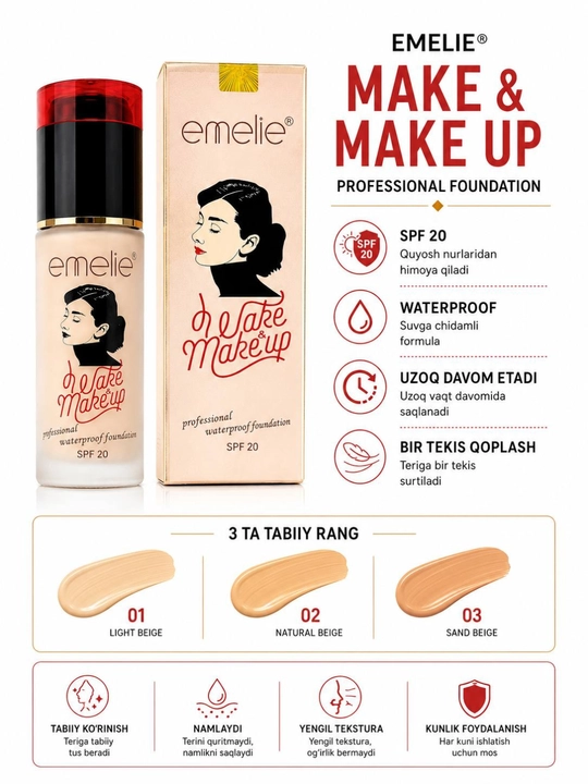 Тональный крем для лица Emelie SPF, стойкий, матовый эффект и ровное покрытие - 