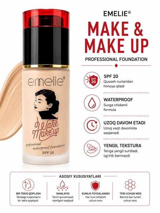 Тональный крем для лица Emelie SPF, стойкий, матовый эффект и ровное покрытие
