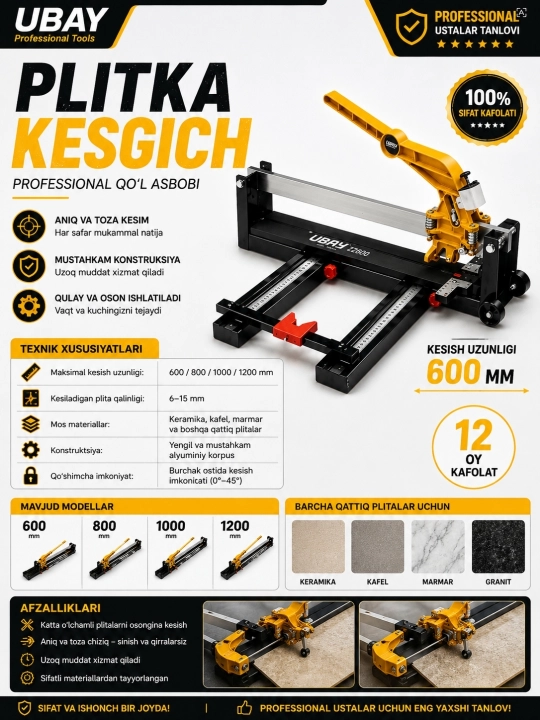 Plita kesgich, Kafel kesish dastgohi, xar xil turdagi kafel uchun 600/800/1000/1200 UBAY - 