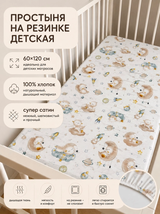 Простыня на резинке детская, 60/120 см, 100% хлопок - 