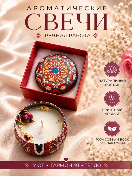 Свеча ароматическая, интерьерная, с цветами и лепес тками цветов, свеча в баночке
