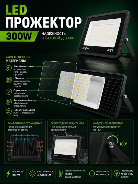 LED projektor 300W IP66 tashqi yoritgich 220V kuchli diodli projektor sovuq oq yorug'lik