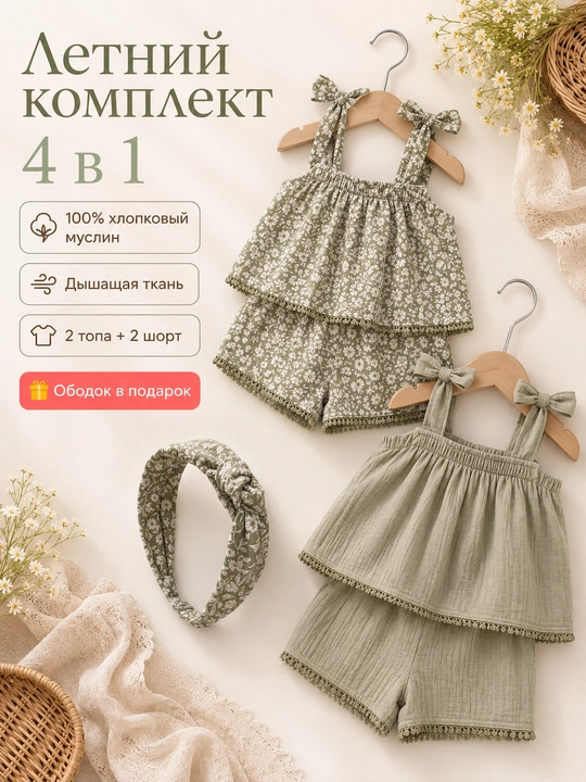 Костюм детский летний для девочки, комплект из муслина 4 предмета, 100% хлопок - 