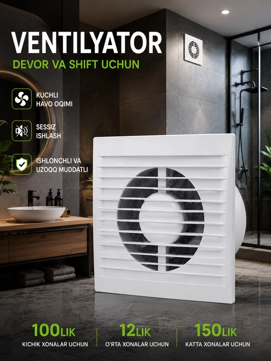 Ventilyator havo tortuvchi devor va shift uchun 100/120/150 mm oq - 