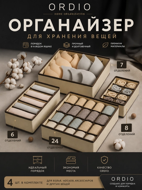 Комплект из 4 тканевых органайзеров, для хранения белья, носков и маек, раздельные ящики