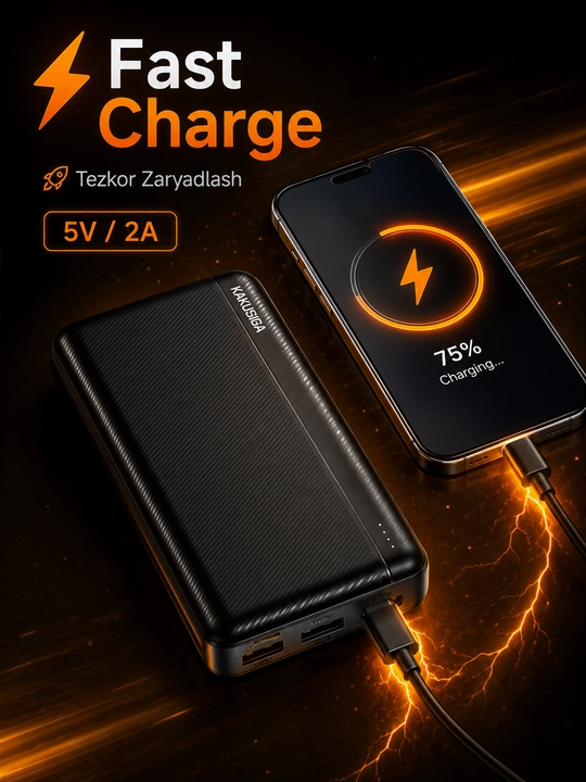Power Bank KAKUSIGA 20000mAh Fast Charge, 2 USB, Type-C, Портативный аккумулятор