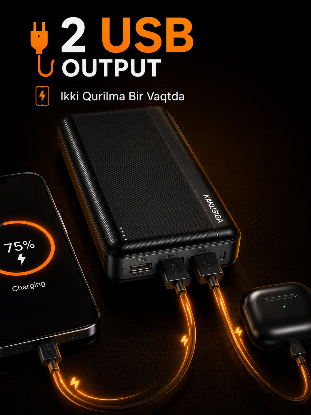 Power Bank KAKUSIGA 20000mAh Fast Charge, 2 USB, Type-C, Портативный аккумулятор