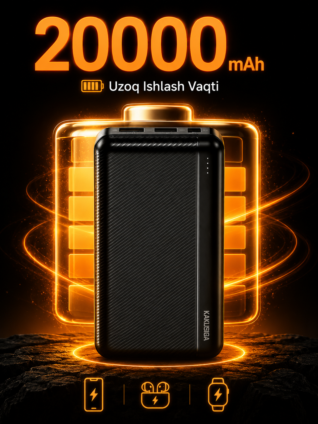 Power Bank KAKUSIGA 20000mAh Fast Charge, 2 USB, Type-C, Портативный аккумулятор