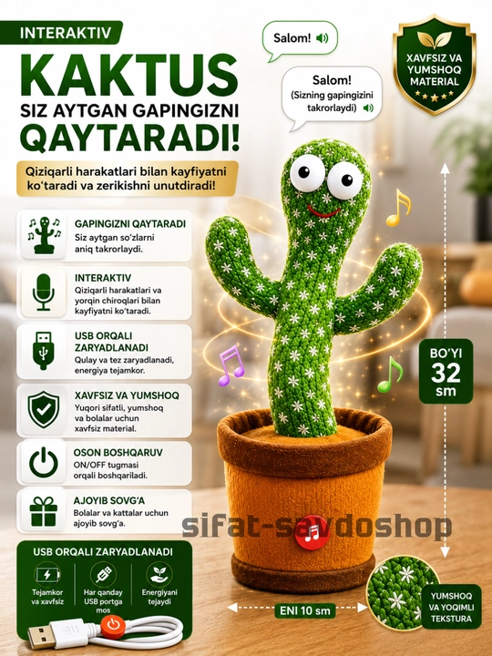 Interaktiv kaktus o‘yinchog‘i raqsga tushadi va taklifni qaytaradi. USB orqali quvvat olish