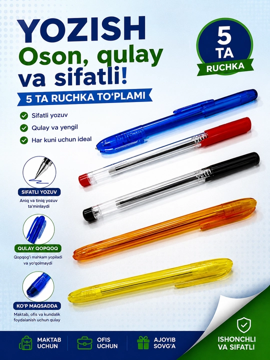 Daftarlar katakli, 12 varaq, 10 dona , 5 dona ruchka 3 tasi ko'k 1 ta qora 1 ta qizil