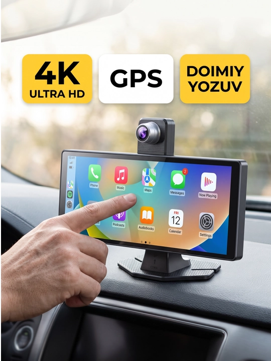 4K avtomobil videoregistratori, 10.26" ekran, GPS, Apple CarPlay va Android Auto
