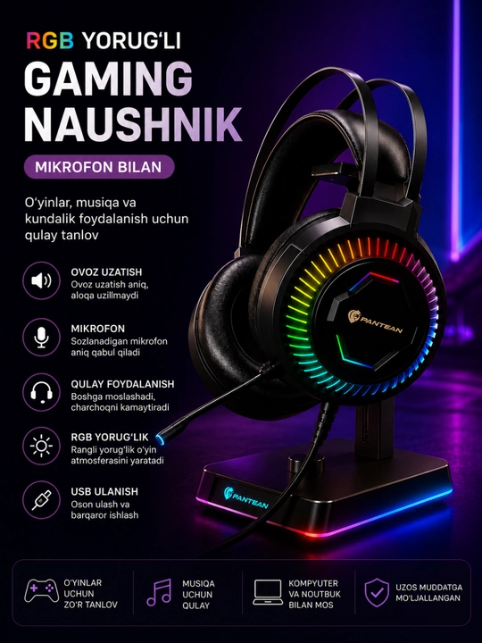 PANTSAN PSH-400 Simli RGB Gaming Quloqchin, Mikrofonli, 3.5 mm - 