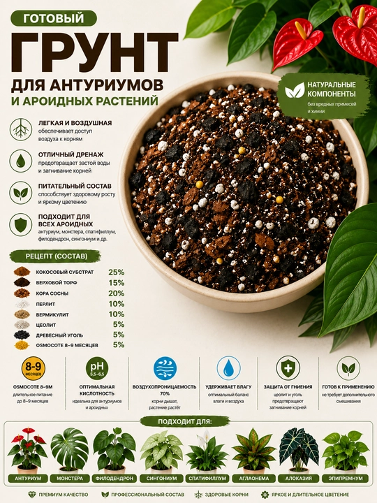 Готовый грунт для антуриумов и ароидных растений с удобрением Osmocote 8–9 месяцев - 