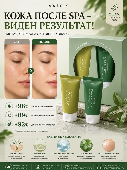 Набор масок для лица AXIS-Y, Gel Mask и Wash Off Pack, 2 шт