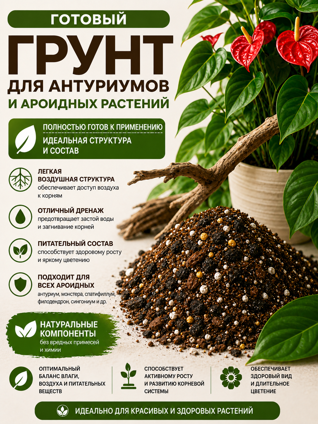 Готовый грунт для антуриумов и ароидных растений с удобрением Osmocote 8–9 месяцев