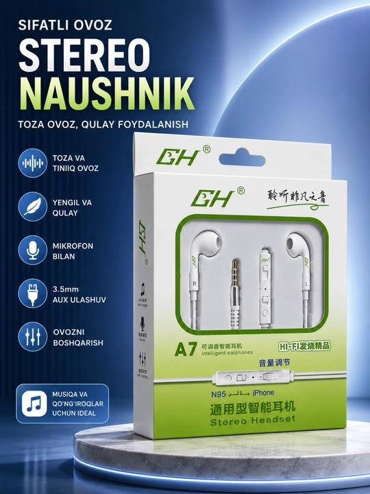 A7 stereo simli naushnik mikrofonli 3. 5 mm quloqchin android va iphone qurilmalari uchun - 