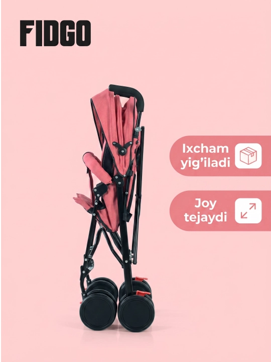 Bolalar sayr aravachasi FIDGO, buklanadigan, kapyushon va oyoq tayanchi bilan