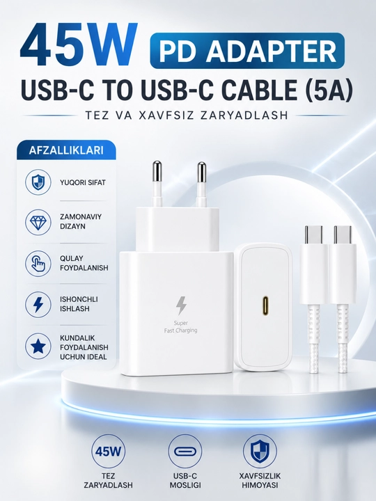 45W PD Tezkor Zaryadlovchi Adapter – USB-C 5A Kabel bilan Fast Charge Komplekti - 