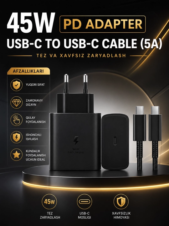 45W PD Tezkor Zaryadlovchi Adapter – USB-C 5A Kabel bilan Fast Charge Komplekti - 