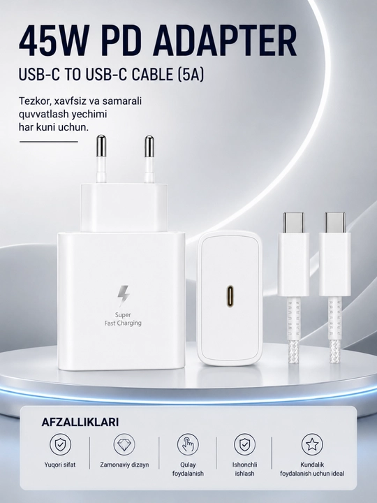 45W PD Tezkor Zaryadlovchi Adapter – USB-C 5A Kabel bilan Fast Charge Komplekti - 