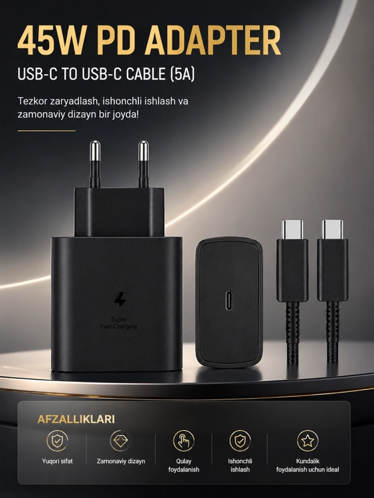45W PD Tezkor Zaryadlovchi Adapter – USB-C 5A Kabel bilan Fast Charge Komplekti - 