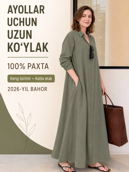 Yoqali va uzun yengli, aralash matodan tikilgan gʻarbcha uslubdagi koʻylak-koʻylak