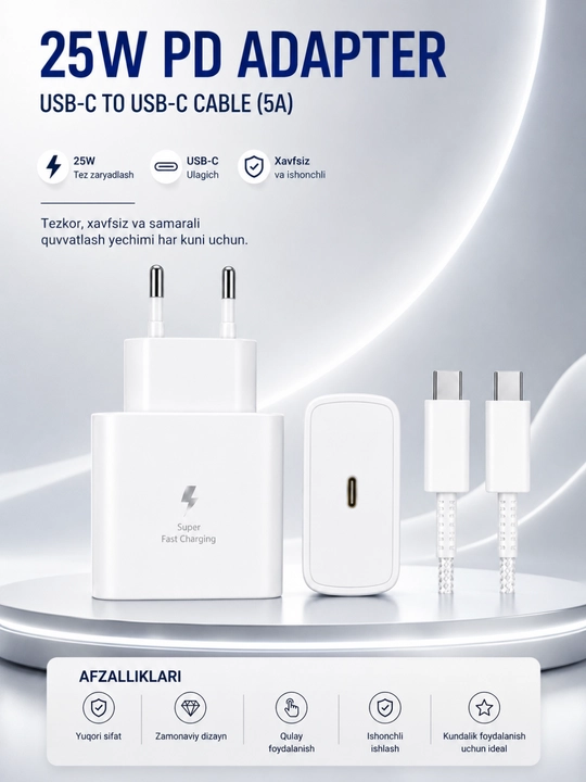 25W PD Tezkor Zaryadlovchi Adapter – USB-C 5A Kabel bilan Fast Charge Komplekti - 