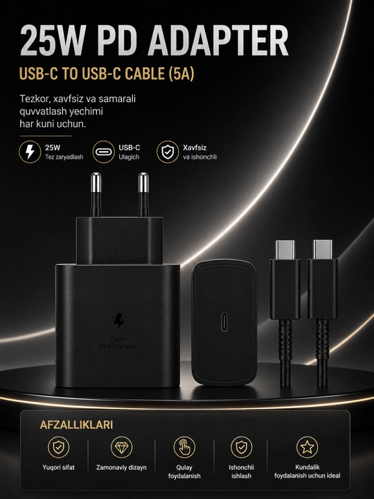 25W PD Tezkor Zaryadlovchi Adapter – USB-C 5A Kabel bilan Fast Charge Komplekti - 