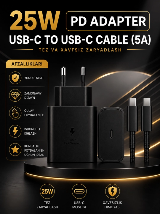 25W PD Tezkor Zaryadlovchi Adapter – USB-C 5A Kabel bilan Fast Charge Komplekti - 