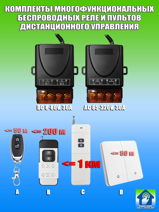 Наборы пультов ДУ и высокомощного реле, DC 8-80V, AC 220V, 30A, RF433 - 