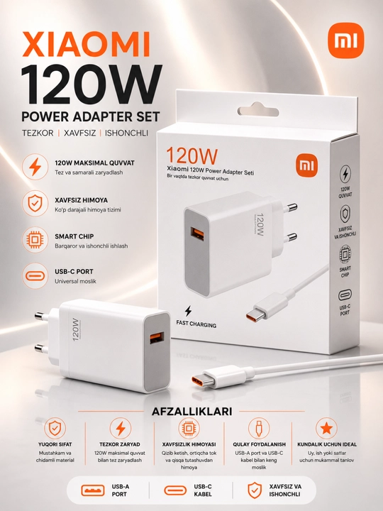 33W / 67W / 120W Tezkor Zaryadlovchi Adapter – USB-C Fast Charger To'plami - 