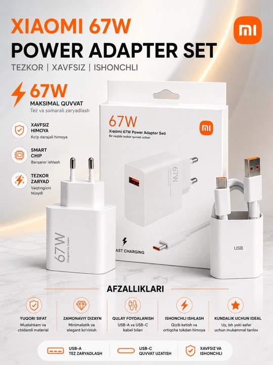 33W / 67W / 120W Tezkor Zaryadlovchi Adapter – USB-C Fast Charger To'plami - 
