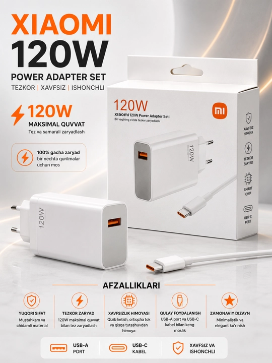 33W / 67W / 120W Tezkor Zaryadlovchi Adapter – USB-C Fast Charger To'plami - 