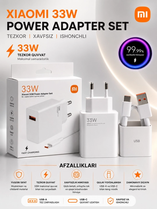 33W / 67W / 120W Tezkor Zaryadlovchi Adapter – USB-C Fast Charger To'plami - 
