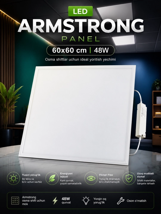 LED Armstrong panel 60×60 sm 48W shift uchun LED panel chiroq oq - 