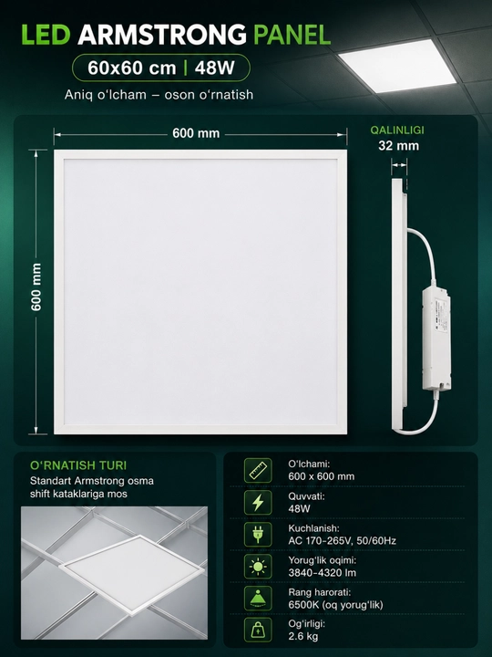 LED Armstrong panel 60×60 sm 48W shift uchun LED panel chiroq oq