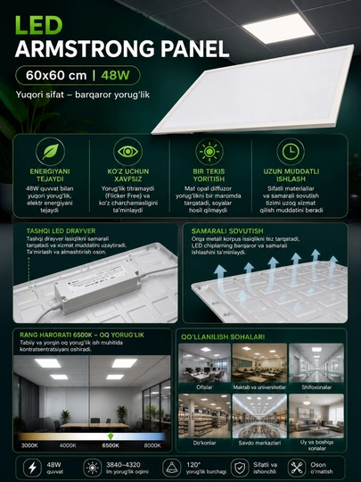LED Armstrong panel 60×60 sm 48W shift uchun LED panel chiroq oq