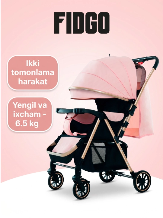 Bolalar uchun FIDGO sayr aravachasi, yig‘iladigan, kapyushon va savatli - 