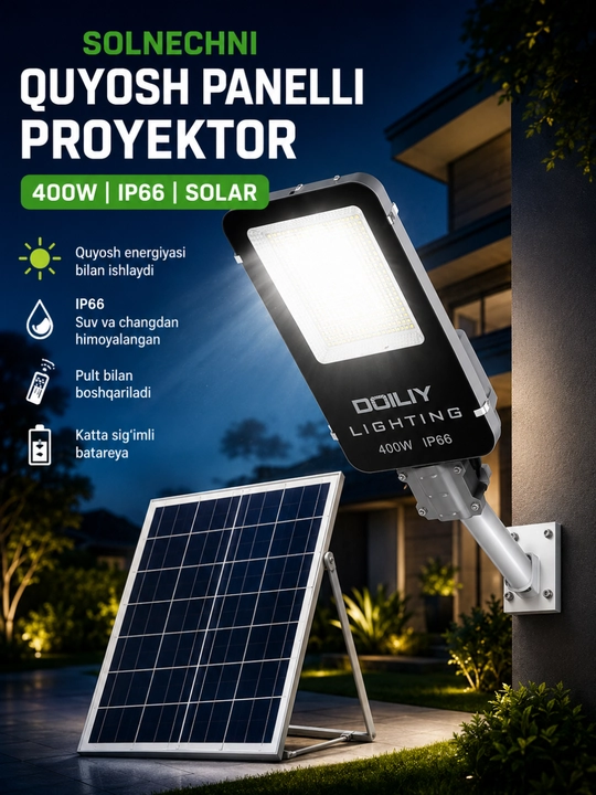 Alohida quyosh paneli va pultli 400 Vt IP66 quyosh LED projektor