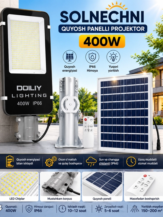 Alohida quyosh paneli va pultli 400 Vt IP66 quyosh LED projektor - 